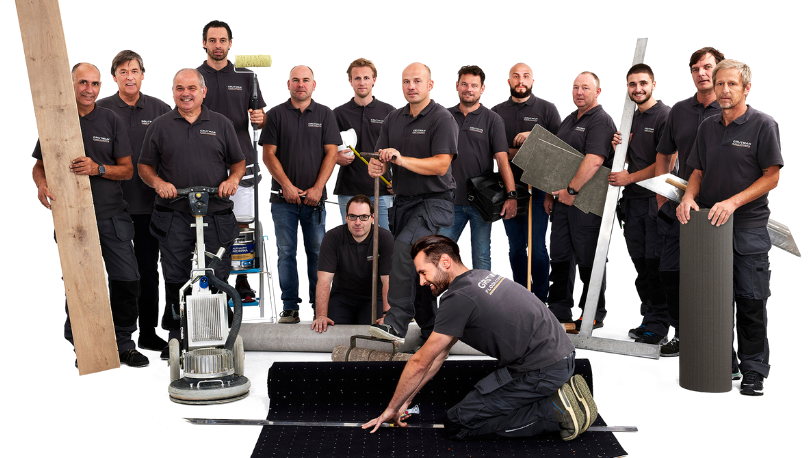 Het team van Grutman Floor Concepts met materialen en gereedschap