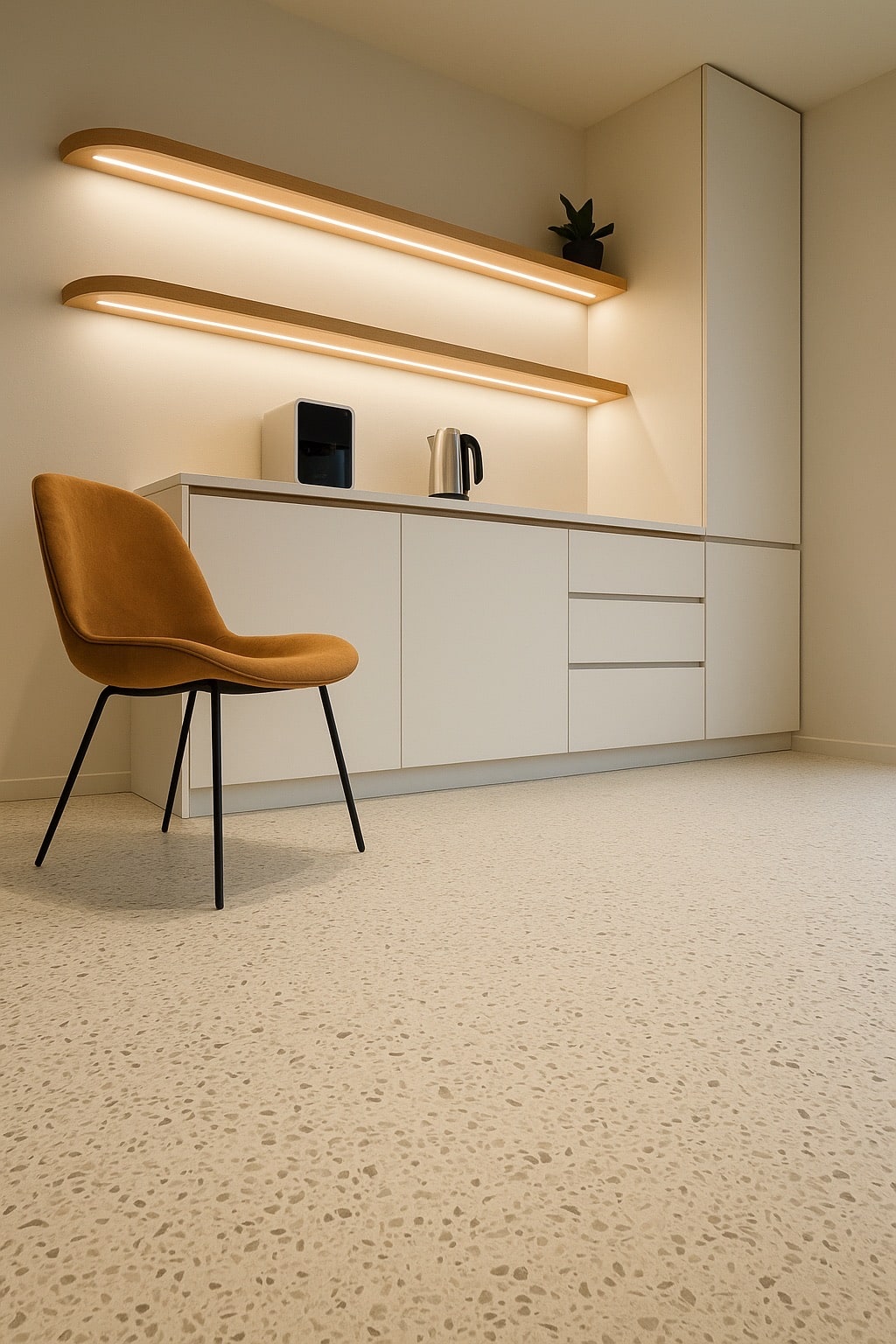 PVC-vloer met terrazzolook in een warm verlichte kantoorruimte, door Grutman Floor Concepts