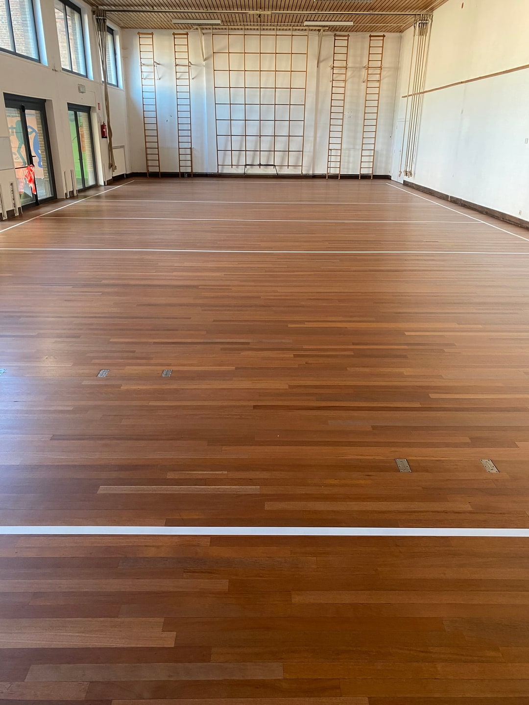 Gerenoveerde turnzaal met houten sportvloer, belijning en klimrekken, door Grutman Floor Concepts