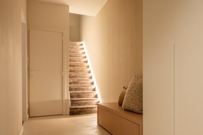 Inkomhal met LED-verlichte trap in zacht tapijt